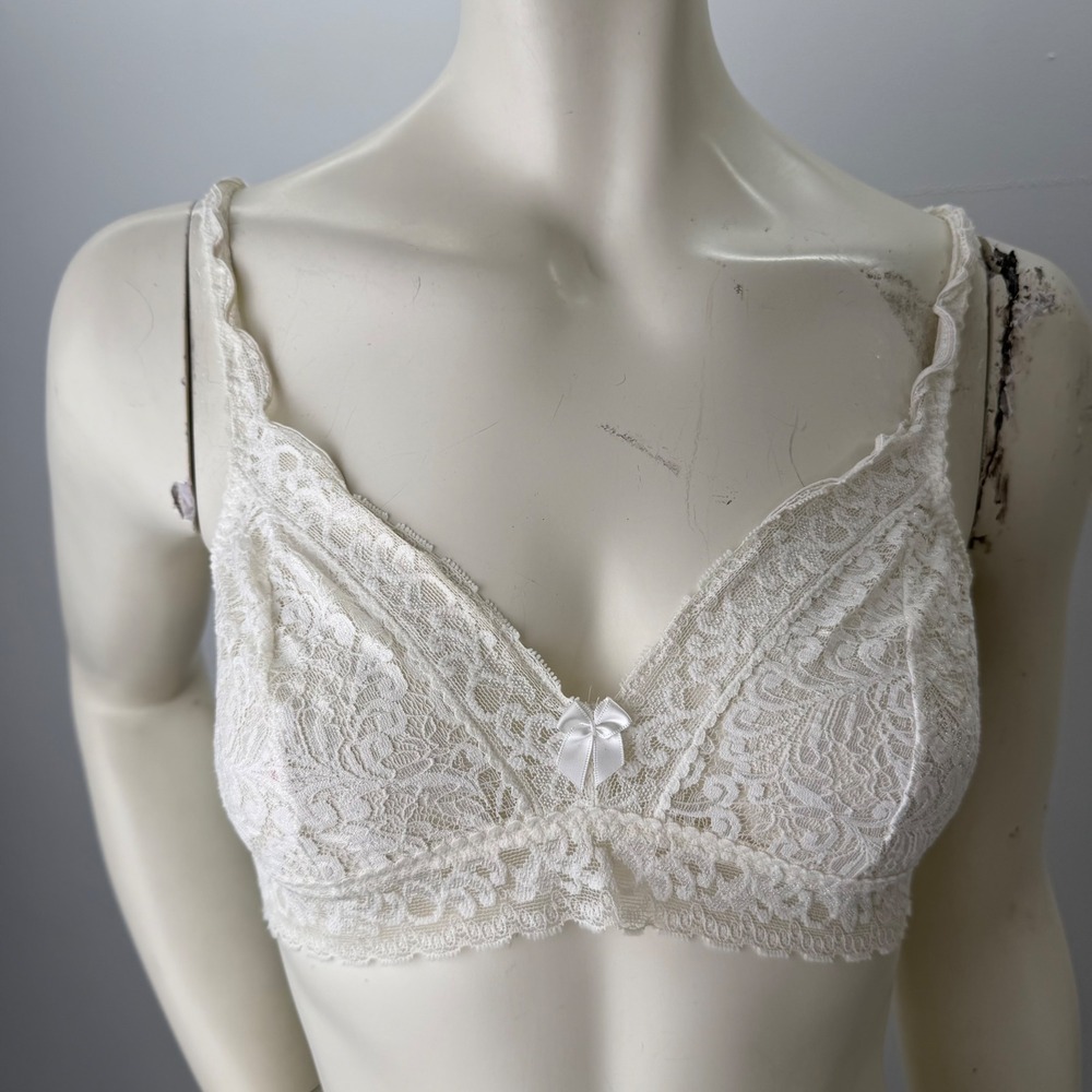 Floral Lace‎ Bralette Cream Sheer Wireless V-Neck Bow Detail Coquette  Small